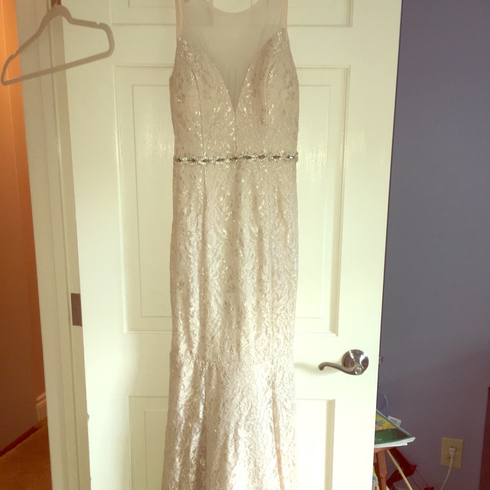 Beautiful champagne colored dress with sheer top